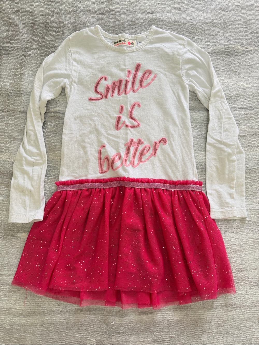 Desigual White Tee Dress with Pink Glitter Skirt Size 7/8